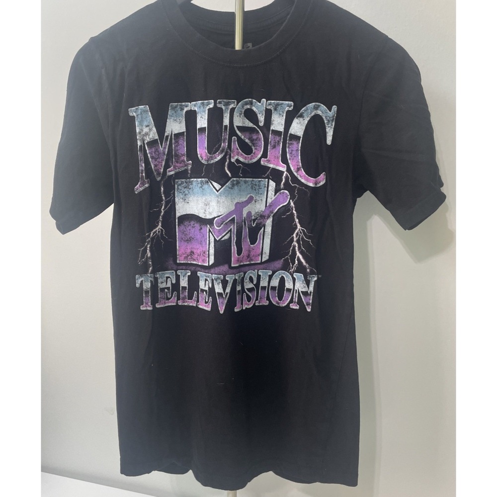 MTV Graphic Tee Mens Small Black Fair Music Television Lightning Bolt Shirt